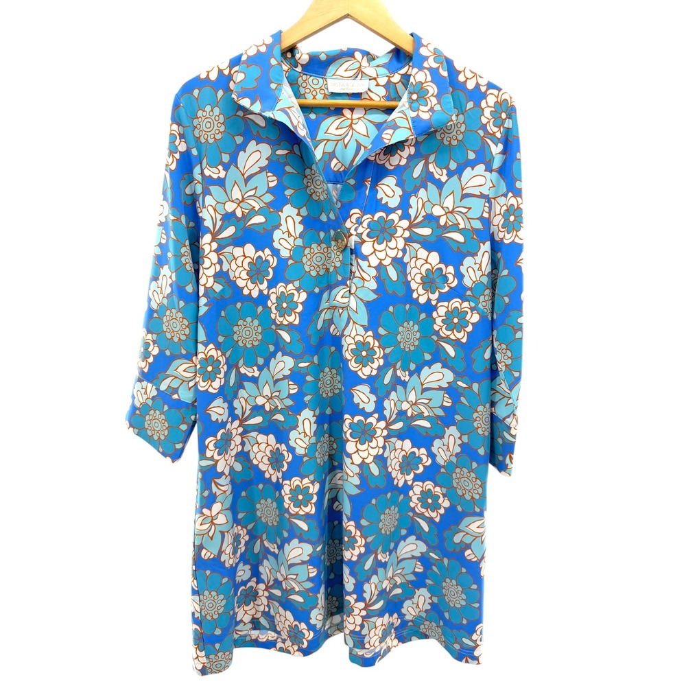 Smith & Quinn Phoebe Tunic Dress M Blue White Orange Retro Floral Knit Resort